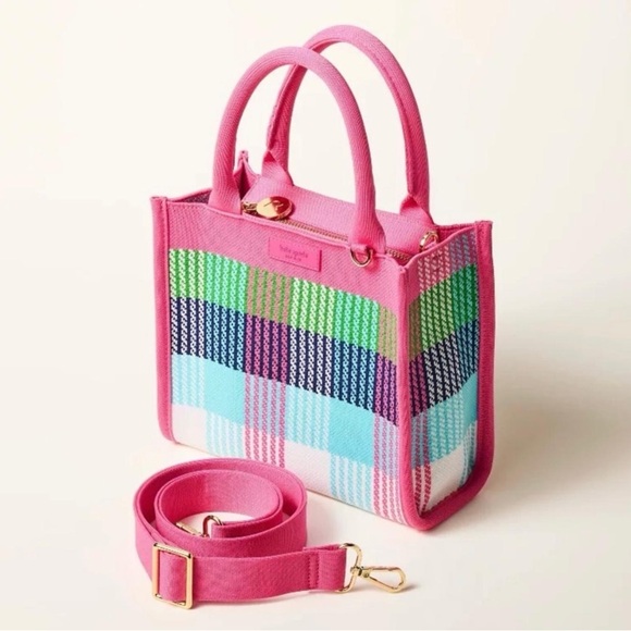 Kate Spade Pink Multicolor Plaid Canvas Tote with Detachable Strap - Picture 2 of 3